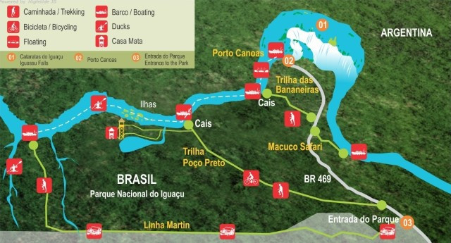 Mapa das trilhas pagas, dentro das Cataratas do Iguaçu (lado brasileiro). Fonte: cataratasdoiguacu.com.br.