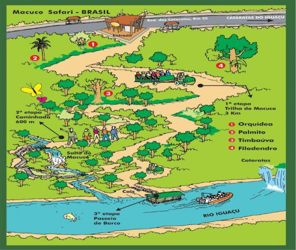 Mapa do Macuco Safari, passeio dentro do parque das Cataratas do Iguaçu, no Brasil. Fonte: macucosafari.com.br.